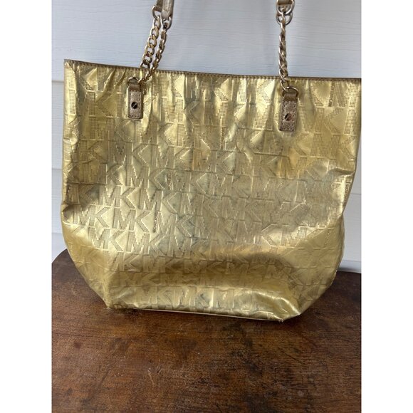 Michael Kors Gold Metallic Logo Tote Bag With Chain Straps I3 - Picture 1 of 6